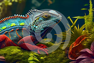 Amazing colorful iguana in the fantasy rain forest, ai illustration