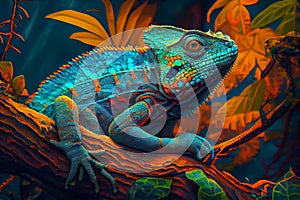 Amazing colorful iguana in the rain forest, ai illustration