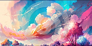 Amazing colourful sky wallpaper. Magic watercolor painting.