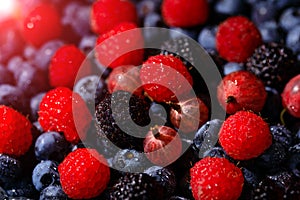 Amazing composition of red raspberries and gooseberries on background of blue blueberries. Ripe and juicy fresh berries, close-up