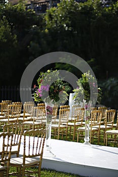 Amazing country wedding setup with golden chair