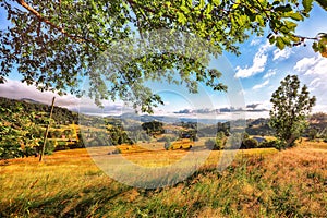 Amazing countryside landscape of romanian village Rogojel with forested hills and grassy meadows in mountains