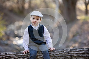 Amazing creamy portrait of a beautiful stylish toddler child, boy, sitting on a big tree trunk over a small river, beautiful soft