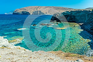 Amazing crystal clear water down the cliffs of Papafragas, Milos Island,  Greece