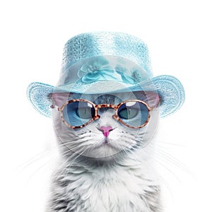 Amazing cutie cat wearing blue summer hat and sunglasses isolated over white background. Created with generative Ai