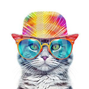 Amazing cutie cat wearing colorful rainbow summer hat and blue sunglasses isolated over white background. Created with generative