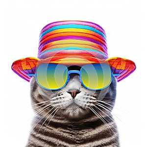 Amazing cutie cat wearing colorful rainbow summer hat and sunglasses isolated over white background. Created with generative Ai