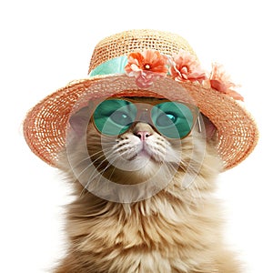 Amazing cutie cat wearing colorful summer hat with flowers and sunglasses isolated over white background. Created with generative