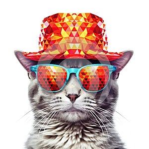 Amazing cutie cat wearing colorful summer hat and sunglasses isolated over white background. Created with generative Ai