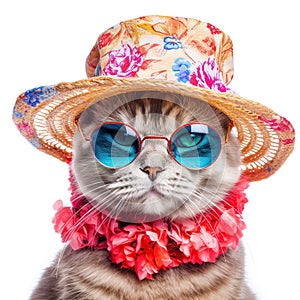 Amazing cutie cat wearing colorful summer hat and sunglasses isolated over white background. Created with generative Ai