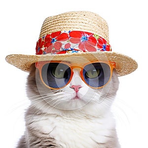Amazing cutie cat wearing colorful summer hat and sunglasses isolated over white background. Created with generative Ai