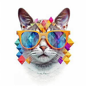 Amazing cutie cat wearing colorful sunglasses isolated over white background. Created with generative Ai