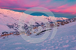Amazing dawn scenery with alpine ski resort, Les Menuires, France