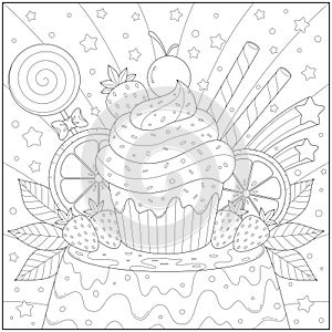 Amazing and delicious fruit cake with orange slice and strawberry. Learning and education coloring page illustration for adults an