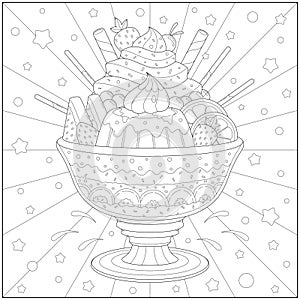 Amazing and delicious ice cream sundae with fruit and pudding. Learning and education coloring page