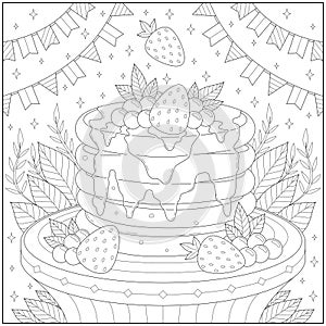 Amazing and delicious pancake with strawberry and honey. Learning and education coloring page