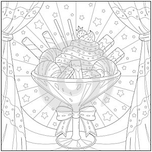 Amazing and delicious parfait with ice cream and fruit. Learning and education coloring page