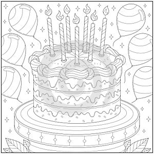 Amazing and delicious party cake with candle and balloon. Learning and education coloring page