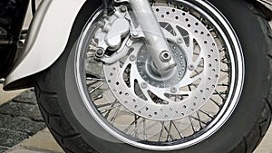 Amazing design of bikes wheel, shiny metal parts, exhibition of motorcycles