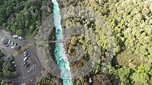 Amazing downward aerial view of Huka Falls, powerful waterfalls of New Zealand