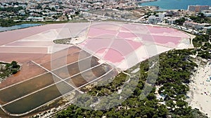 Amazing drone aerial landscape of the beautiful salt flats at Colonia de Sant Jordi, Ses Salines, Mallorca, Spain