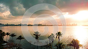 Amazing drone aerial view of Downtown Miami and Brickell Key at dawn, Florida