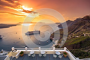 Amazing evening view of Fira, caldera, volcano of Santorini, Greece.