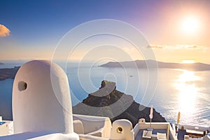 Amazing evening view of Fira, caldera, volcano of Santorini, Greece.