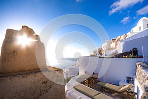 Amazing evening view of Fira, caldera, volcano of Santorini, Greece.