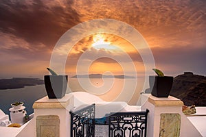 Amazing evening view of Fira, caldera, volcano of Santorini, Greece.