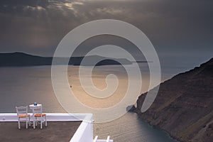 Amazing evening view of Fira, caldera, volcano of Santorini, Greece.