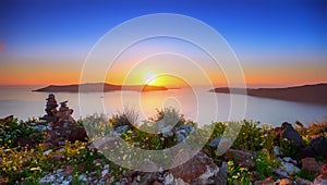 Amazing evening view of Fira, caldera, volcano of Santorini, Greece.