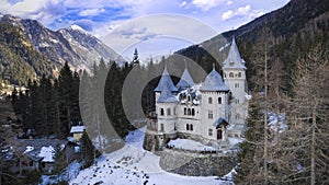 fairytale medieval castle Savoia in Valle d\'Aosta in winter photo