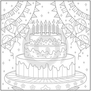 Amazing and fancy wedding cake with balloon and celebration flag. Learning and education coloring page