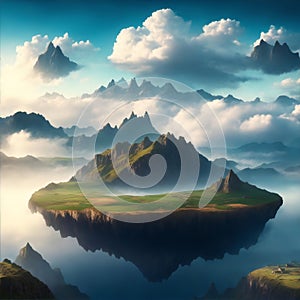 Amazing fantasy scenery with floating islands, house, field on cloudy background.
