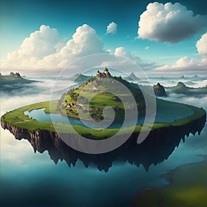 Amazing fantasy scenery with floating islands, house, field on cloudy background.