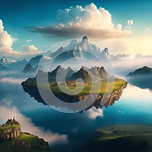 Amazing fantasy scenery with floating islands, house, field on cloudy background.