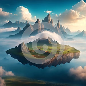 Amazing fantasy scenery with floating islands, house, field on cloudy background.