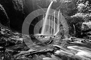 Amazing fine art black and white Tiu Kelep Waterfall near Rinjani, Senaru Lombok indonesia. Southeast Asia.