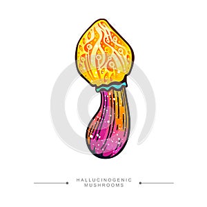Amazing fly agaric sticker. Drawing of rainbow hallucinogenic mushroom. Fantastic toadstool concept hand drawn