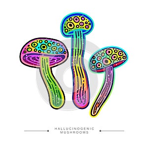 Amazing fly agaric sticker. Stylized image of psilocybin mushroom. Drawing of hallucinogenic mushrooms in acid colors