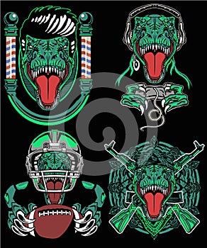 Amazing Four green tyrannosaurus rex with modern profession style in bundle for t-shirt  and sticker design