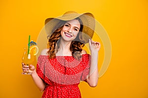 Amazing foxy lady holding fresh beverage hand enjoy sunny day wear red dress  yellow background