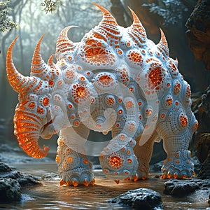 An otherworldly rhinoceros-like creature, adorned with red circular patterns, stands confidently atop a rock formation photo
