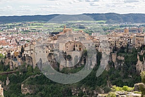 Amazing full view at the Cuenca Hanging Houses, Casas Colgadas, iconic architecture on Cuenca city