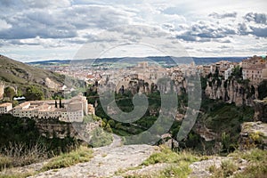 Amazing full view at the Cuenca Hanging Houses, Casas Colgadas, iconic architecture on Cuenca city