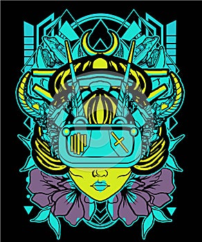 Amazing geisha cyberpunk with floral and  sacred geometry background for poster and tshirt design