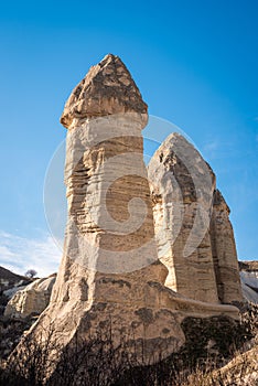 Amazing geological formations in Love Valley. Cappadocia, Nevsehir, Turkey