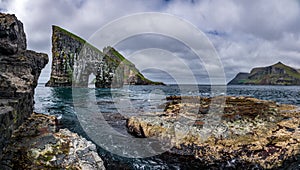 Amazing gigapan panorama of Drangarnir gate in front of Tindholmur, Faroe Islands photo