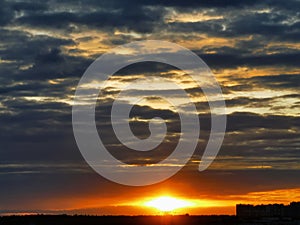 Amazing golden and red sunset, cloudscape, Krasnogorsk, Moscow, Russia